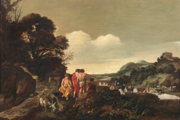 Moyses van Wtenbrouck (o Uyttenbroeck) (L’Aia 1595 - 1647)
Paesaggio con pastori e animali presso un corso d’acqua