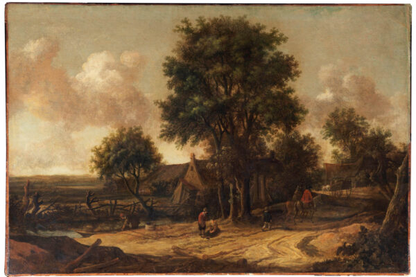 Pieter de Molijn (Londra 1595 - Haarlem 1661) 
Paesaggio con villaggio, contadini e viandanti