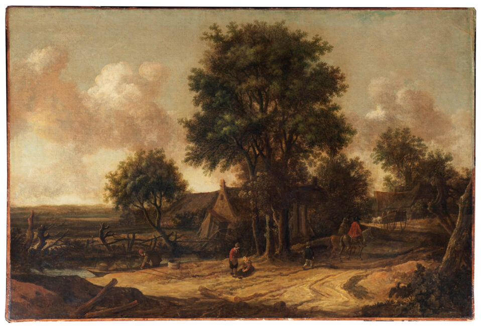 Pieter de Molijn (Londra 1595 - Haarlem 1661) Paesaggio con villaggio, contadini e viandanti