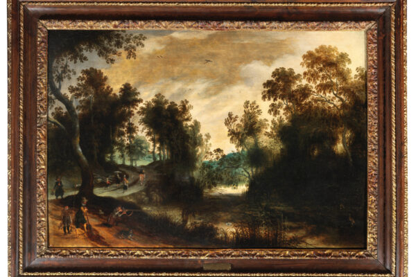 Sebastiaen Vrancx (Anversa 1573 - 1647) Paesaggio con cacciatori e viandanti