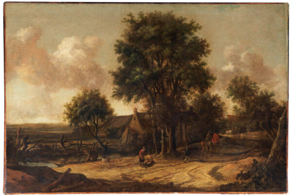 Pieter de Molijn (Londra 1595 - Haarlem 1661) Paesaggio con villaggio, contadini e viandanti