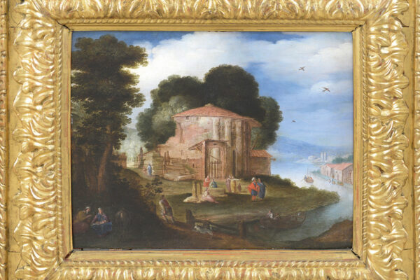 Willem van Nieulandt il Giovane (Anversa 1584 - Amsterdam 1635) Riposo durante la Fuga in Egitto con il Tempio di Ercole Vincitore al Foro Boario, Roma